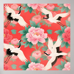 Japanische Kraniche Paonien Rot Chinoiserie Elegan Poster