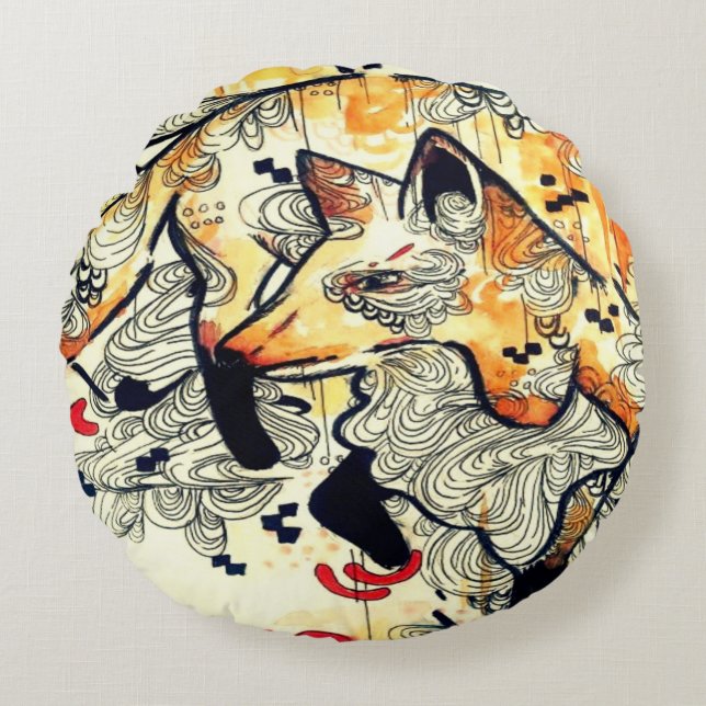 Japanische Kunst der Aquarellkunst, orange Rundes Kissen (Vorderseite)