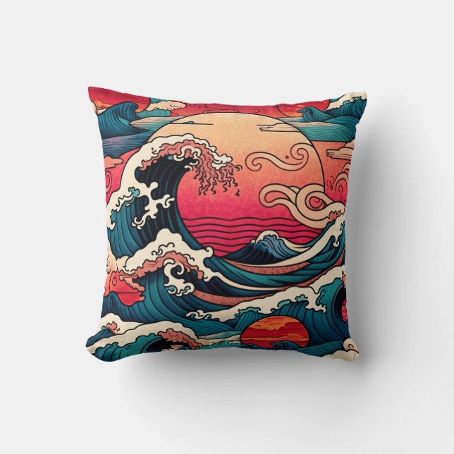 Japanische Kunst des Roten Sonnenuntergangs Kissen (Vorderseite)