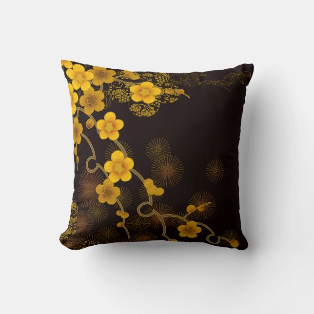Japanische Kunst-goldenes gelbes u. dunkelbraunes Kissen (Vorderseite)