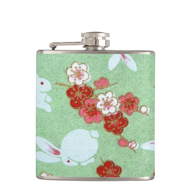 Japanische Kunst: Grüne Sakura und Kaninchen-Hüftk Flachmann (Vorderseite)