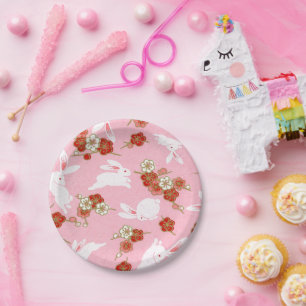 Japanische Kunst: Pink Sakura & Rabbits Paper Tell Pappteller