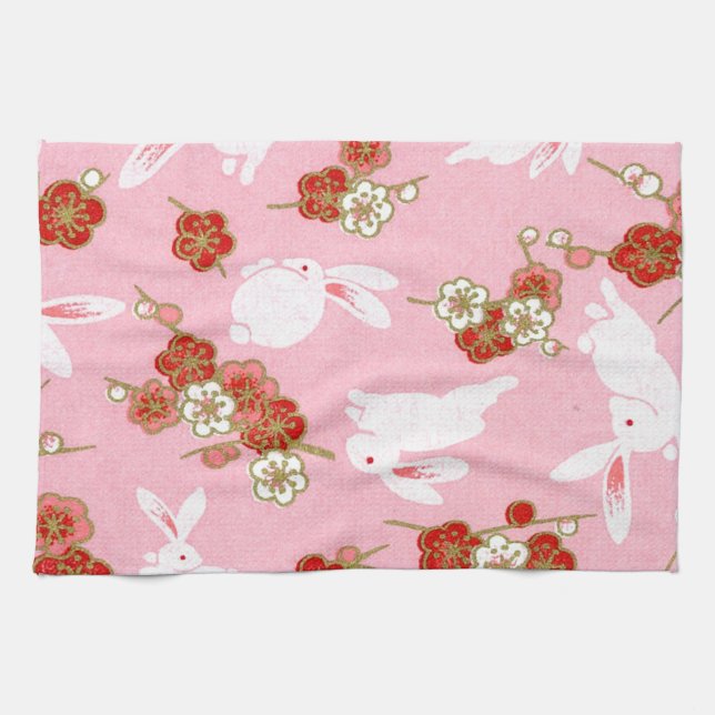 Japanische Kunst: Rosa Sakuras & Rabbits Küchentüc Handtuch (Horizontal)