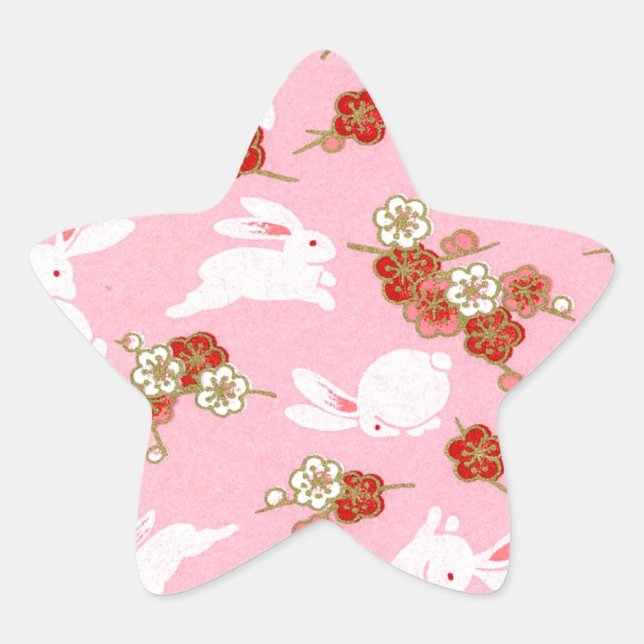 Japanische Kunst: Rosa Sakuras & Rabbits Stern-Aufkleber (Vorderseite)