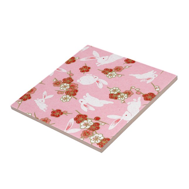 Japanische Kunst: Rosa Sakuras und Kaninchen Keram Fliese (Seite)