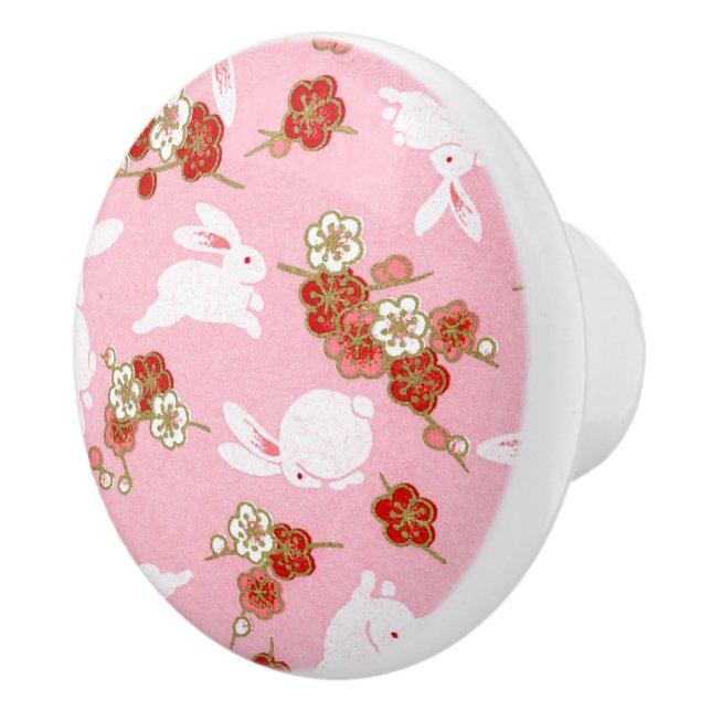 Japanische Kunst: Rosa Sakuras und Kaninchen Keram Keramikknauf (Rechts)
