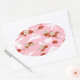 Japanische Kunst: Rosa Sakuras und Kaninchen Ovale Ovaler Aufkleber