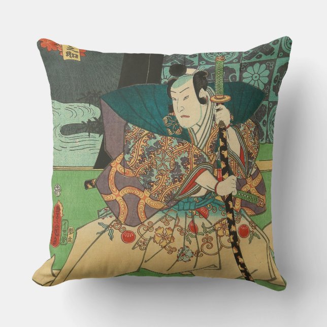 Japanische Kunst - Samurai, der eine Katana Klinge Kissen (Vorderseite)