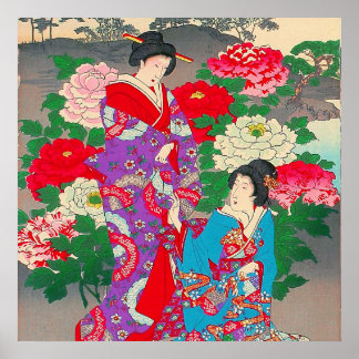 Japanische Kunst - Zwei Frauen sprechen im Garten Poster