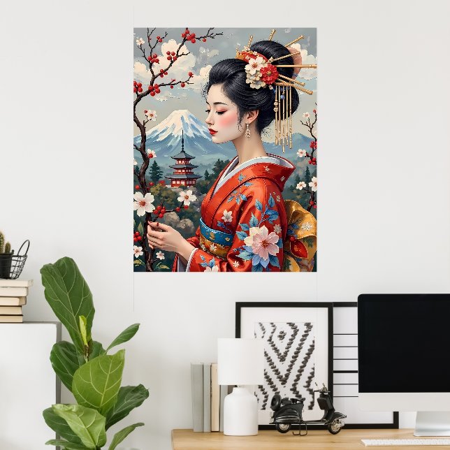 Japanische Lady mit dem Fuji-Berg Poster (Heimbüro)