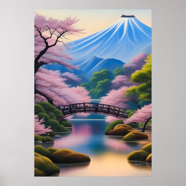 Japanische Landschaft Kirschblüten und Berge Poster (Vorne)