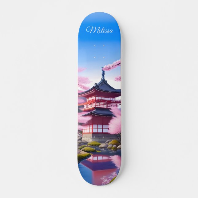 Japanische Landschaft Kirschblüten und Tempel Skateboard (Vorne)