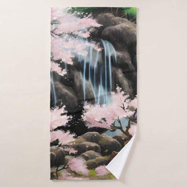 Japanische Landschaft Kirschblüten und Wasserfall Badehandtuch (Badehandtuch)
