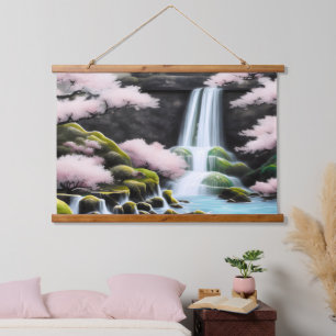 Japanische Landschaft Kirschblüten und Wasserfall Wandteppich Mit Holzrahmen