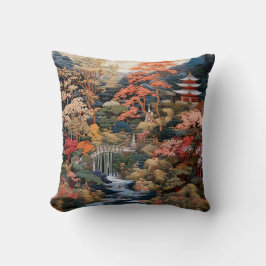 Japanische Landschaft Kunst: Wasserfall und Dorf Kissen