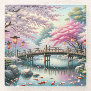 Japanische Landschaft mit Bridge-, Koi- und Sakura Glasuntersetzer