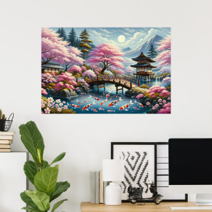 Japanische Landschaft mit Bridge-, Koi- und Sakura Poster