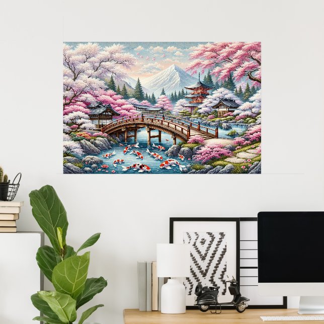 Japanische Landschaft mit Bridge-, Koi- und Sakura Poster (Heimbüro)