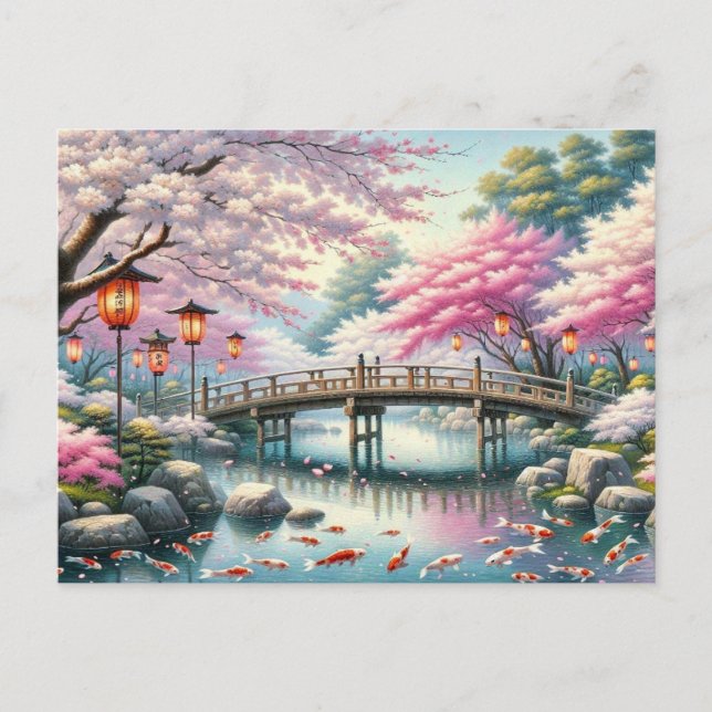 Japanische Landschaft mit Bridge-, Koi- und Sakura Postkarte (Vorderseite)
