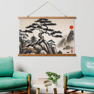 Japanische Landschaft Tinte Malerei Wandteppich Mit Holzrahmen