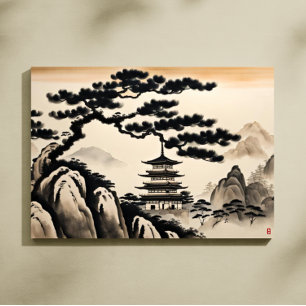 Japanische Landschaft-Tuschemalerei Leinwanddruck