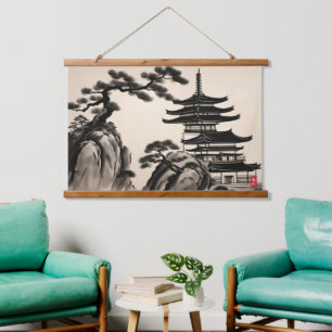 Japanische Landschaft-Tuschemalerei Wandteppich Mit Holzrahmen