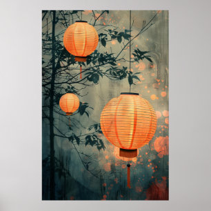 Japanische Laternen bei Nacht – Warme Aquarell-Kun Poster