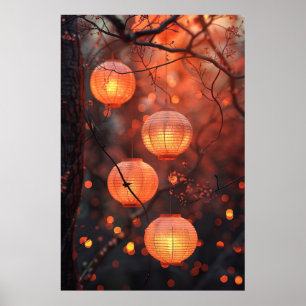 Japanische Laternen bei Nacht – Warme Aquarell-Kun Poster