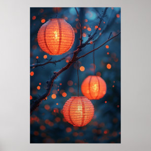 Japanische Laternen bei Nacht – Warme Aquarellkuns Poster