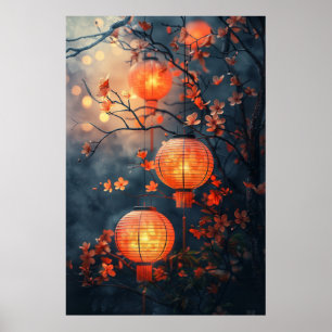 Japanische Laternen in der Nacht – Warme Aquarell- Poster