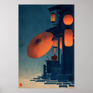 Japanische Laternen-Nachtszenen-Wandkunst Regengas Poster