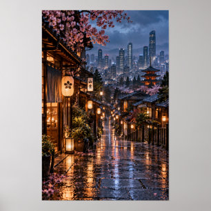 Japanische Laternenstraße Kirschblüten Nacht Wand Poster