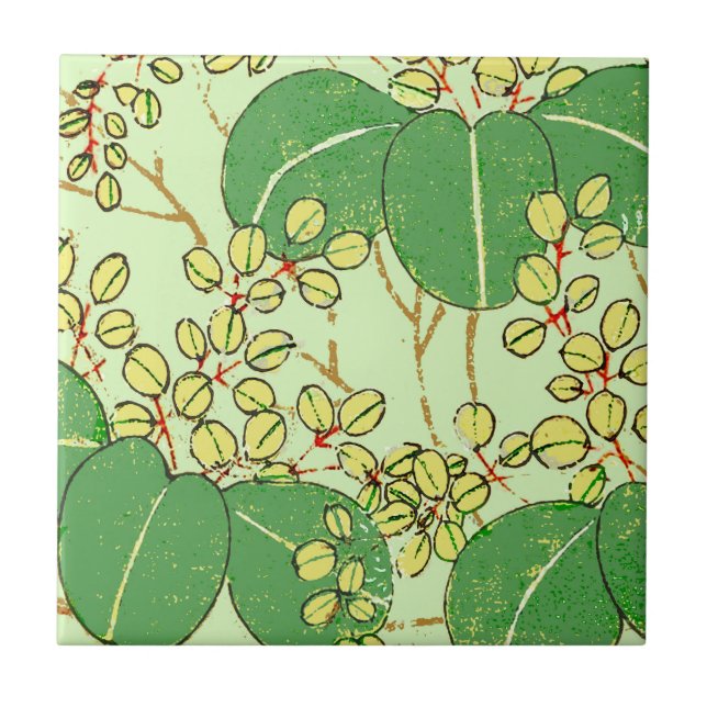 Japanische Leaf Floral Botanisches Kunstmuster Fliese (Vorderseite)