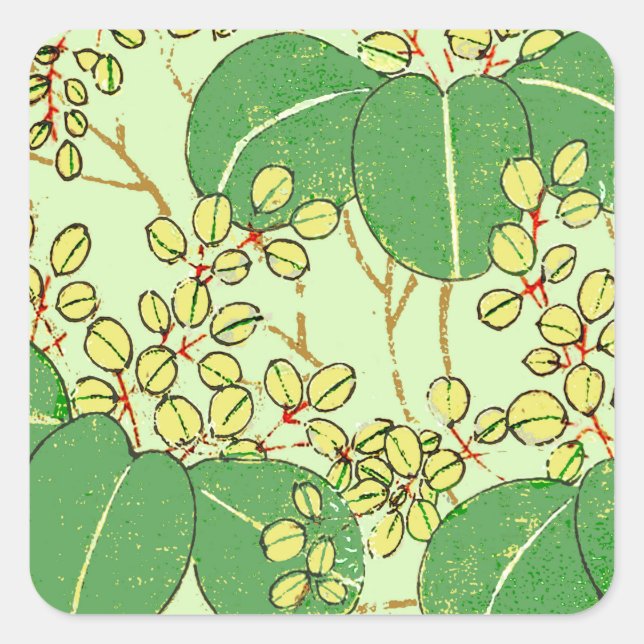 Japanische Leaf Floral Botanisches Kunstmuster Quadratischer Aufkleber (Vorderseite)