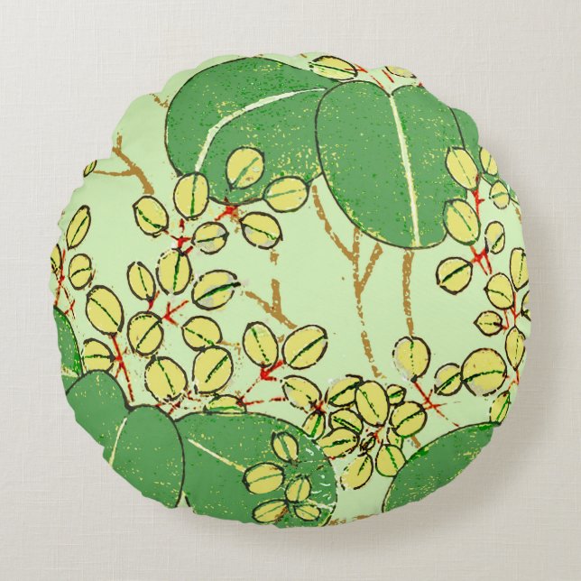Japanische Leaf Floral Botanisches Kunstmuster Rundes Kissen (Vorderseite)