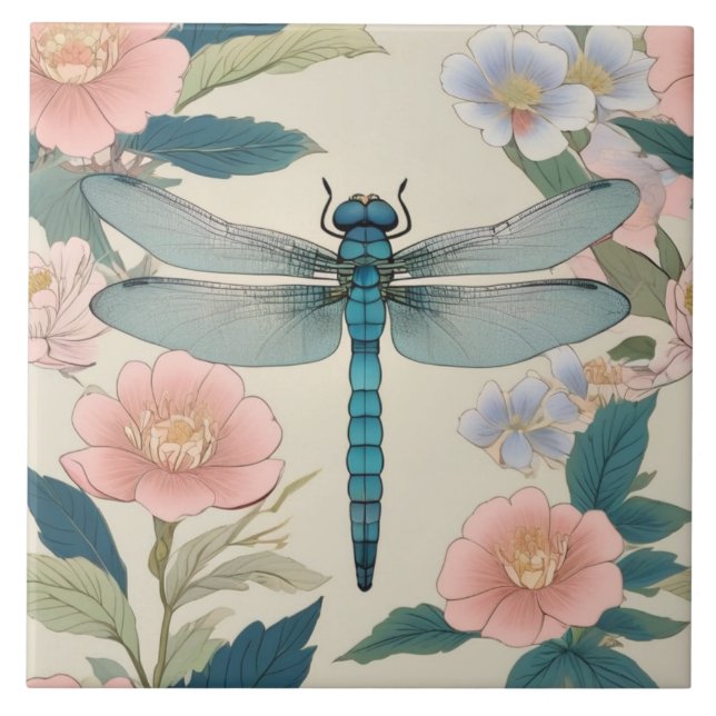 Japanische Libelle Art Pastell Green & Pink Fliese (Vorderseite)