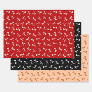 Japanische Libellenmuster, rot, schwarz, orange Geschenkpapier Set