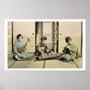 Japanische Mädchen, welche die Flöte, "den Koto" Poster