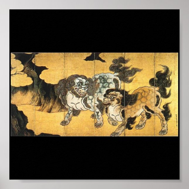 Japanische Malerei von chinesischen Löwen c. 1500 Poster (Vorne)