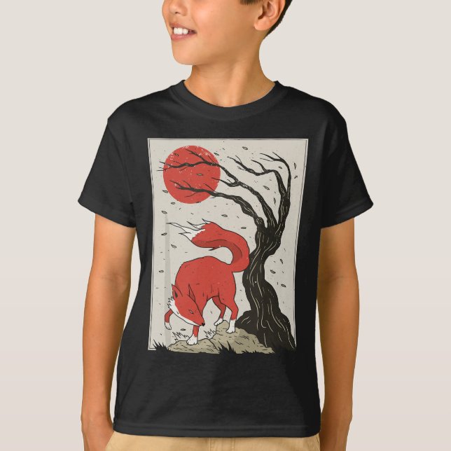 japanische Malerei von Fuchs, Baum und Sonne T-Shirt (Vorderseite)