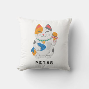 Japanische Maneki Neko Weiße Katze, Glückssymbol Kissen