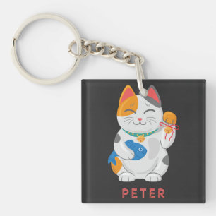 Japanische Maneki Neko Weiße Katze, Glückssymbol Schlüsselanhänger