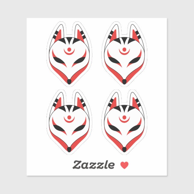 Japanische Maske von Kitsune Fox, Set von 4 Aufkleber (Blatt)