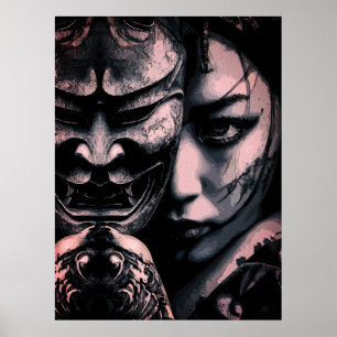 Japanische Maskierte Frau Dunkles Tattoo Realismus Poster