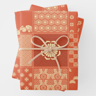 Japanische Mix Patchwork Coral Geschenkpapier Set