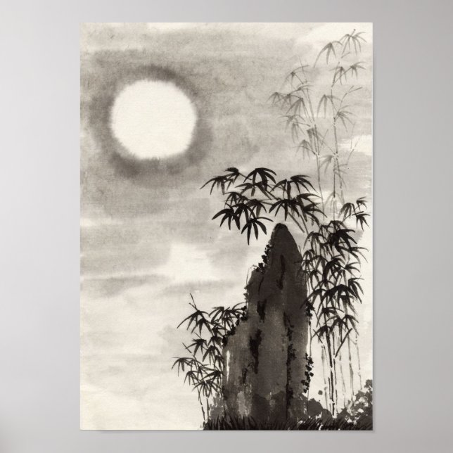Japanische Nachtmondlandschaft sumi-e Poster (Vorne)