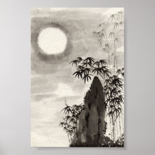 Japanische Nachtmondlandschaft Sumi-e Poster
