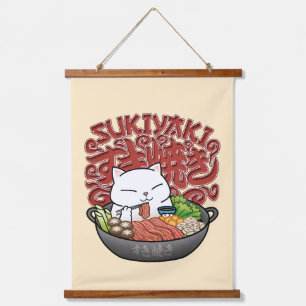 Japanische Nahrungssukiyaki-Katze Wandteppich Mit Holzrahmen