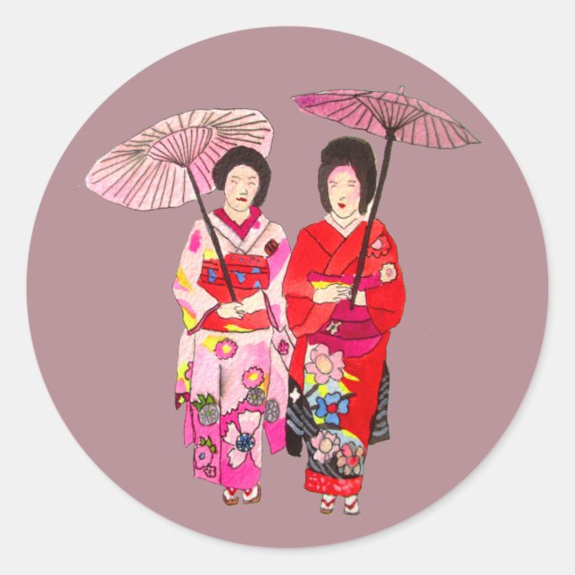 Japanische niedliche Geisha mit rosa Kimono Runder Aufkleber (Vorderseite)