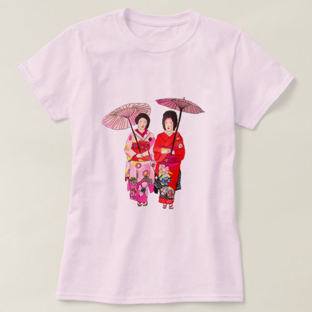 Japanische niedliche Geisha mit rosa Kimono T-Shirt (Design vorne)